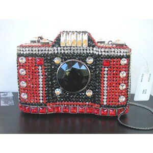 Niki Lassiter Camera-Shaped Clutch Purse With Rhinestones & Black Metal Strap